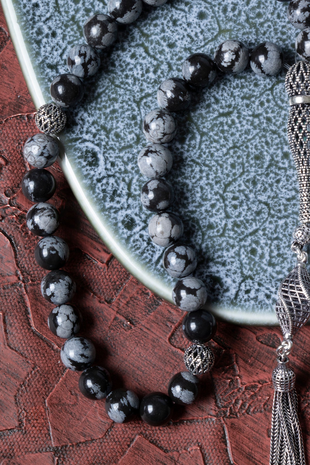 Sertifikalı Karlı Obsidyen 925 Ayar Gümüş İmameli Püsküllü Tesbih