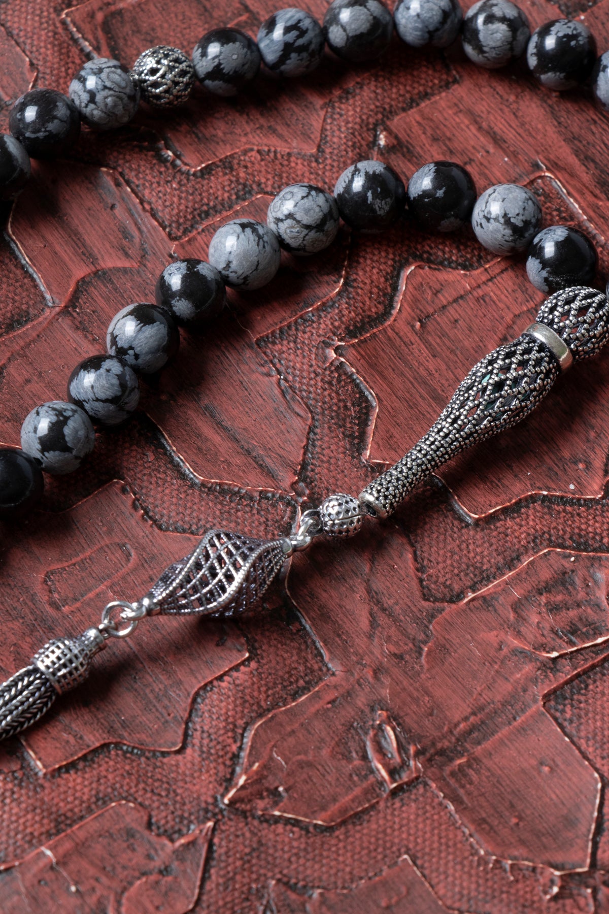 Sertifikalı Karlı Obsidyen 925 Ayar Gümüş İmameli Püsküllü Tesbih