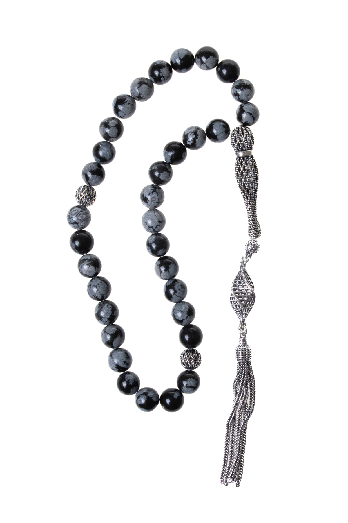 Sertifikalı Karlı Obsidyen 925 Ayar Gümüş İmameli Püsküllü Tesbih