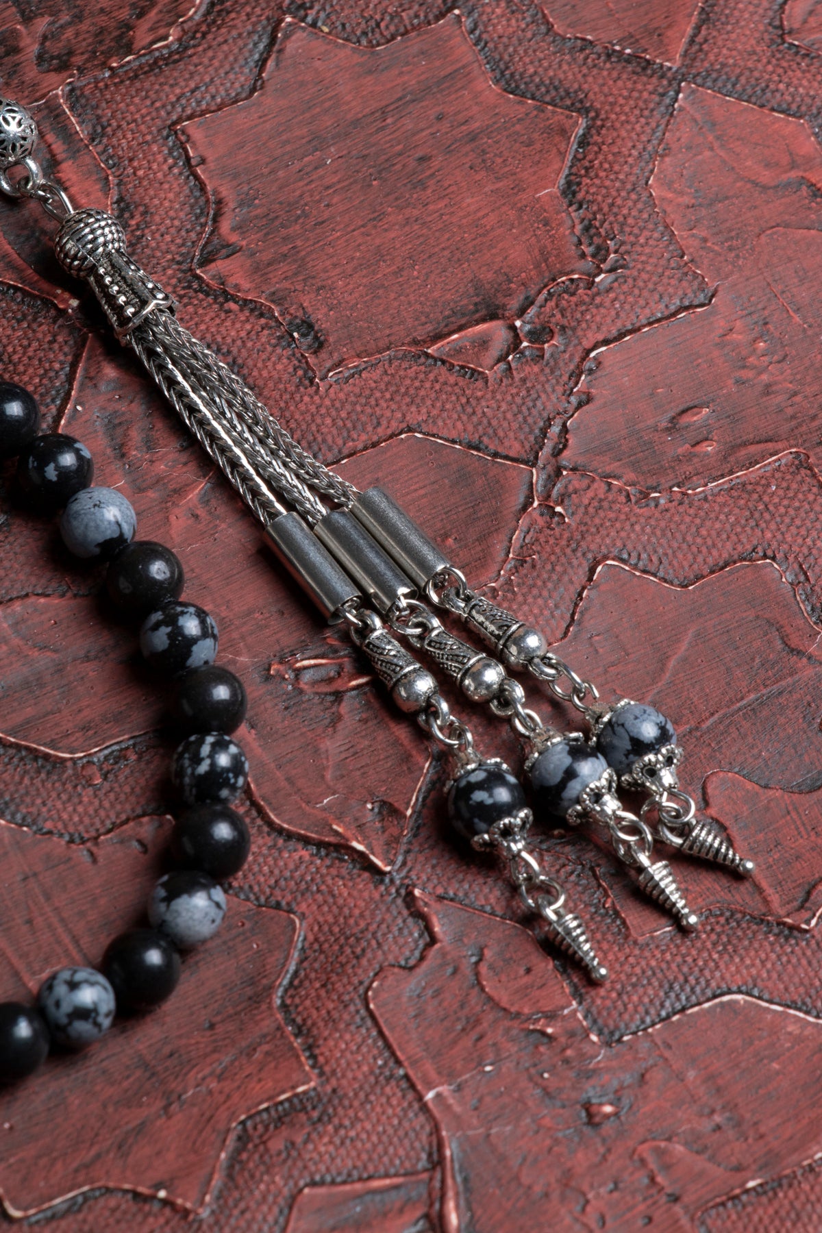 Sertifikalı 6mm Karlı Obsidyen Metal Püskül İmameli Tesbih