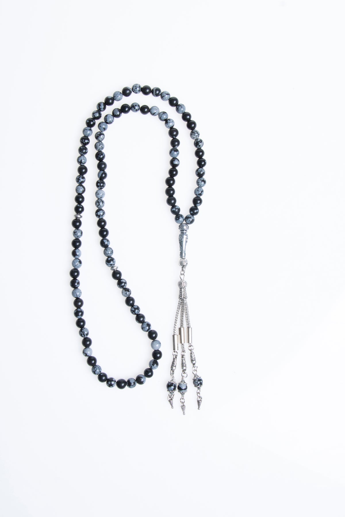 Sertifikalı 6mm Karlı Obsidyen Metal Püskül İmameli Tesbih