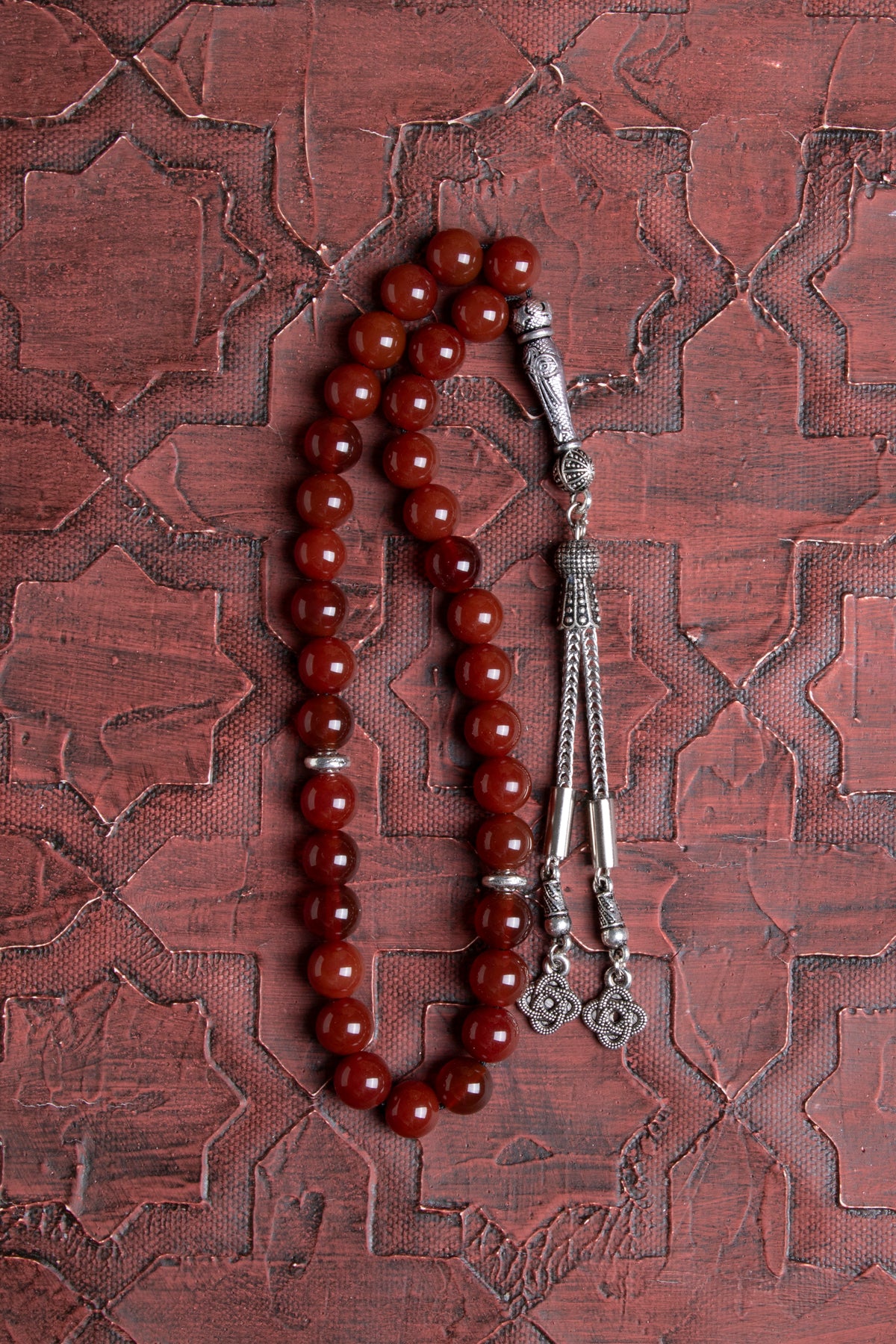 Sertifikalı Kırmızı Akik Tesbih Metal Püskül Tesbih