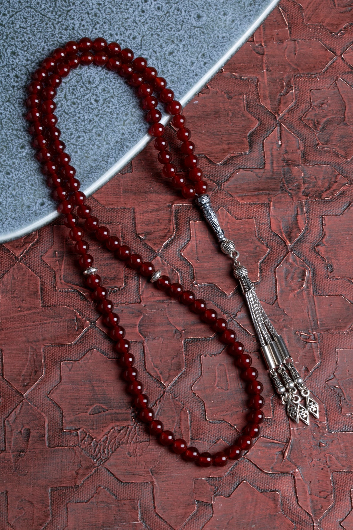 Sertifikalı Kırmızı Akik Tesbih Metal Püskül İmameli Tesbih