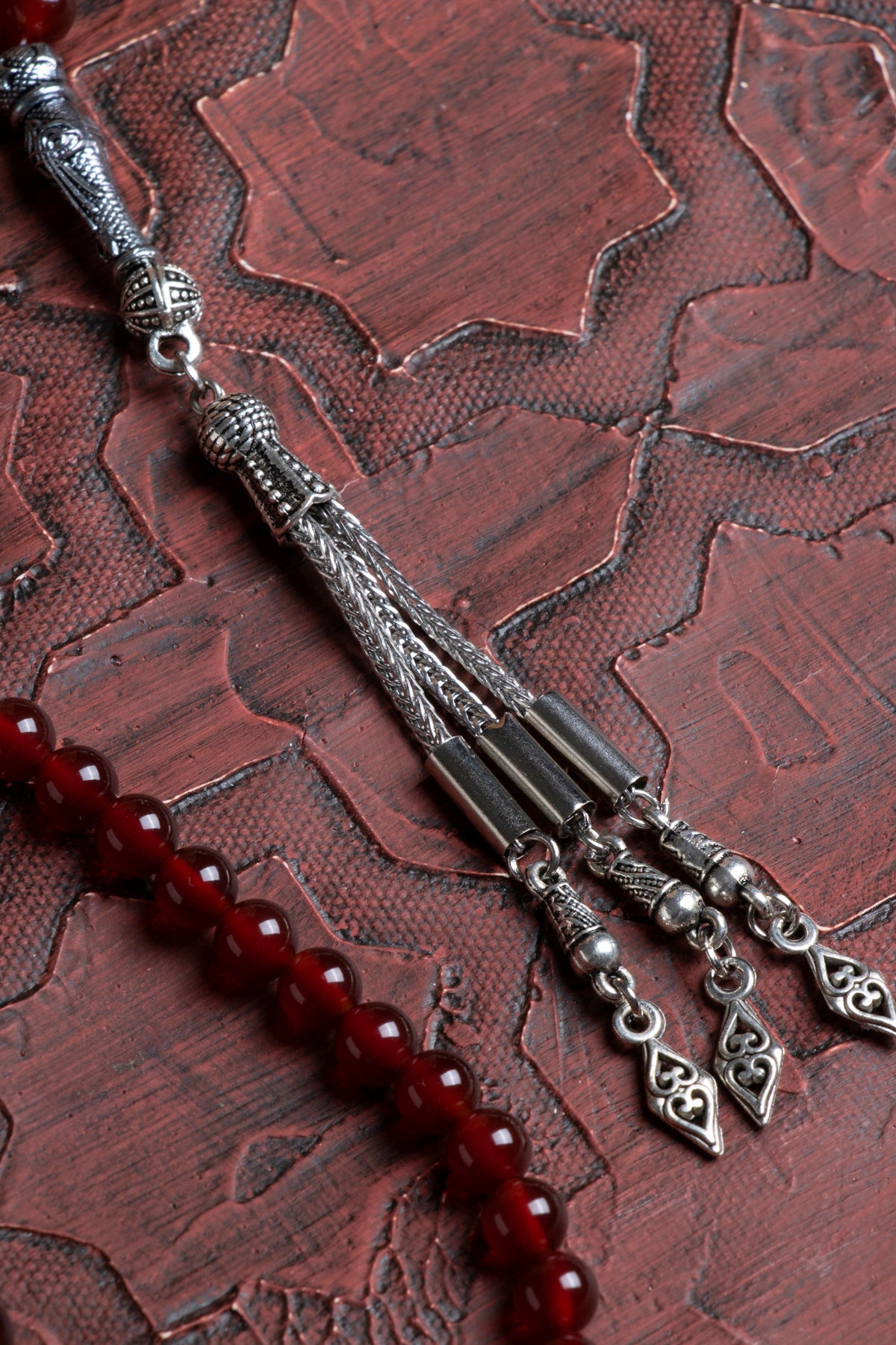 Sertifikalı Kırmızı Akik Tesbih Metal Püskül İmameli Tesbih