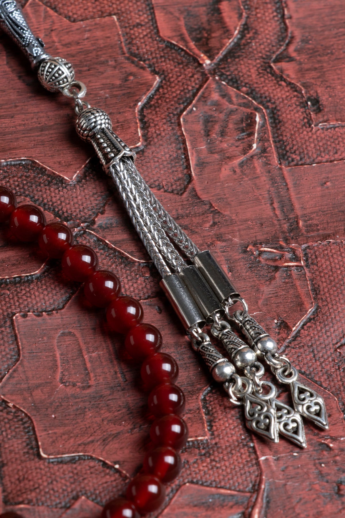 Sertifikalı Kırmızı Akik Tesbih Metal Püskül İmameli Tesbih