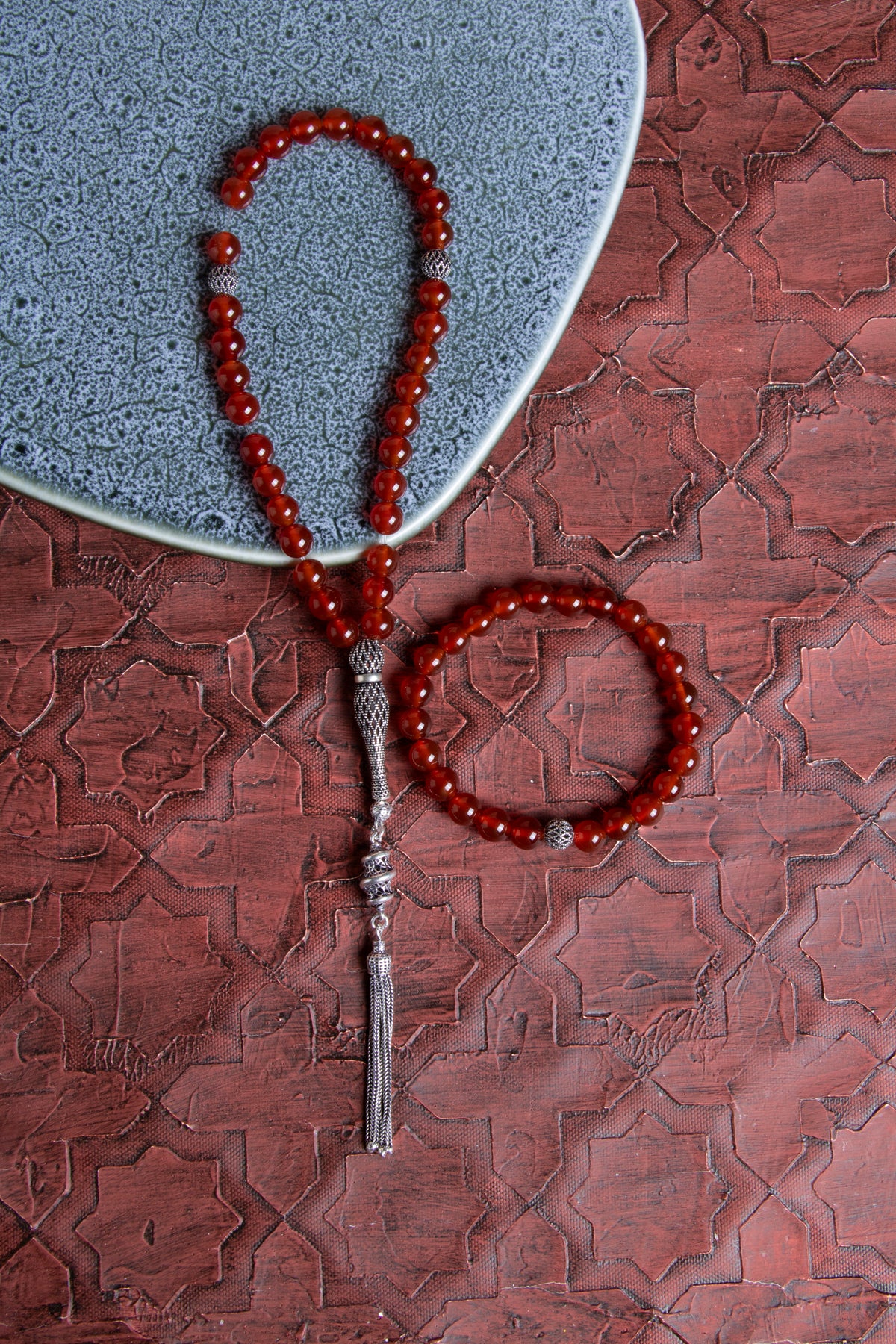 Sertifikalı Kırmızı Akik 925 Ayar Gümüş 8 mm İmameli Tesbih &amp; Bileklik Seti