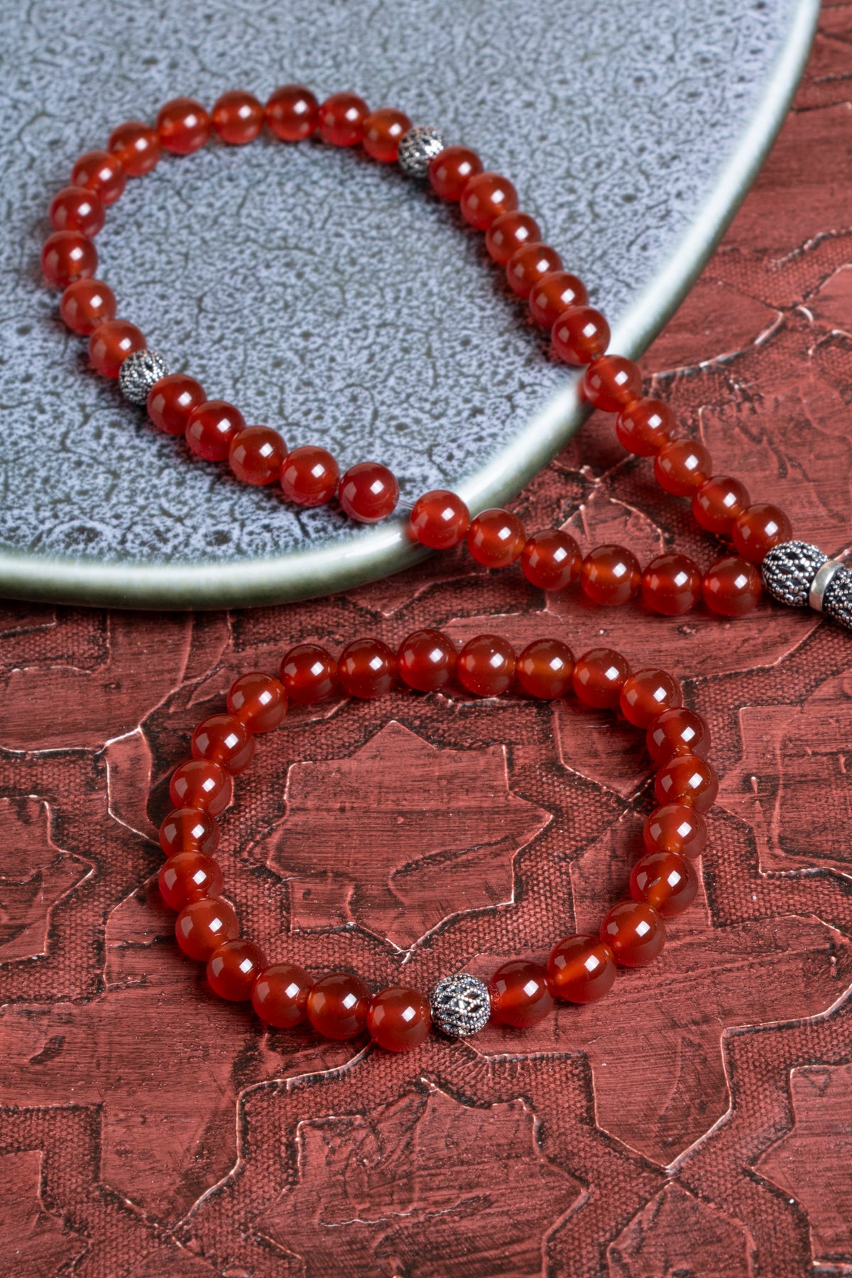 Sertifikalı Kırmızı Akik 925 Ayar Gümüş 8 mm İmameli Tesbih &amp; Bileklik Seti