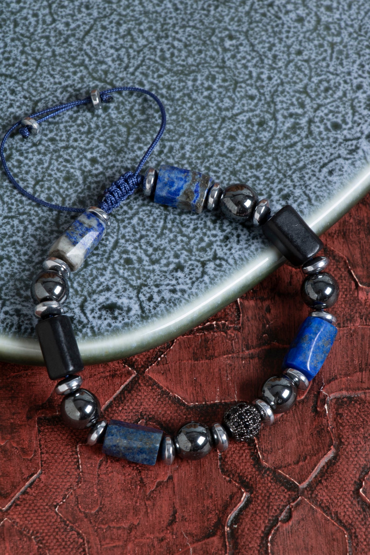 Sertifikalı Lapis Lazuli &amp; Shungit &amp; Hematit &amp; Zirkon Aparat Doğal Taş Makrome Bileklik