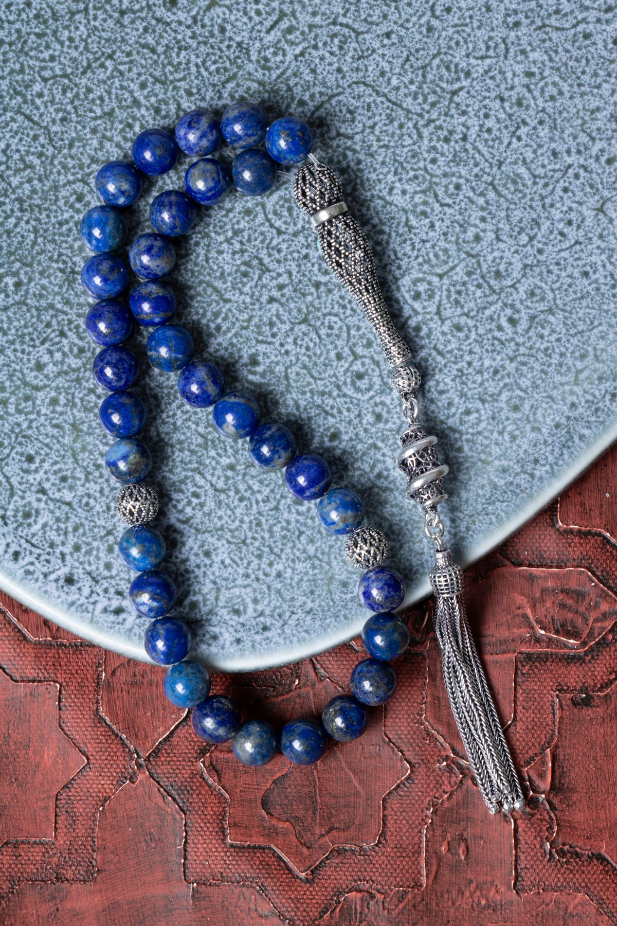 Sertifikalı Lapis Lazuli 925 Ayar Gümüş İmameli Püsküllü Tesbih