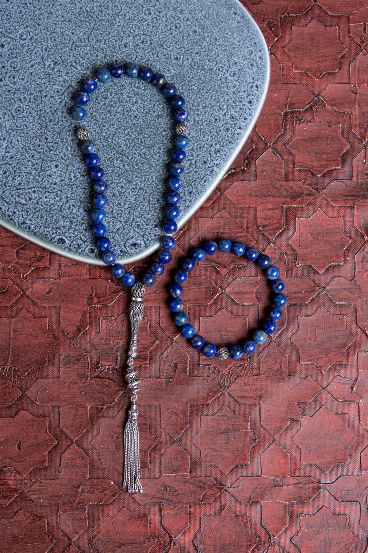 Sertifikalı Lapis Lazuli 925 Ayar Gümüş 8 mm İmameli Tesbih &amp; Bileklik Seti