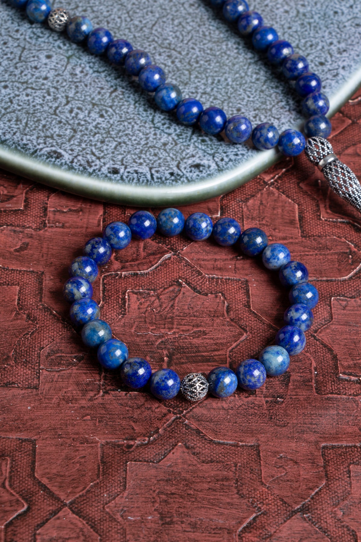 Sertifikalı Lapis Lazuli 925 Ayar Gümüş 8 mm İmameli Tesbih &amp; Bileklik Seti