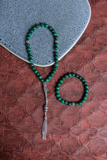 Sertifikalı Malahite 925 Ayar Gümüş 8 mm İmameli Tesbih &amp; Bileklik Seti