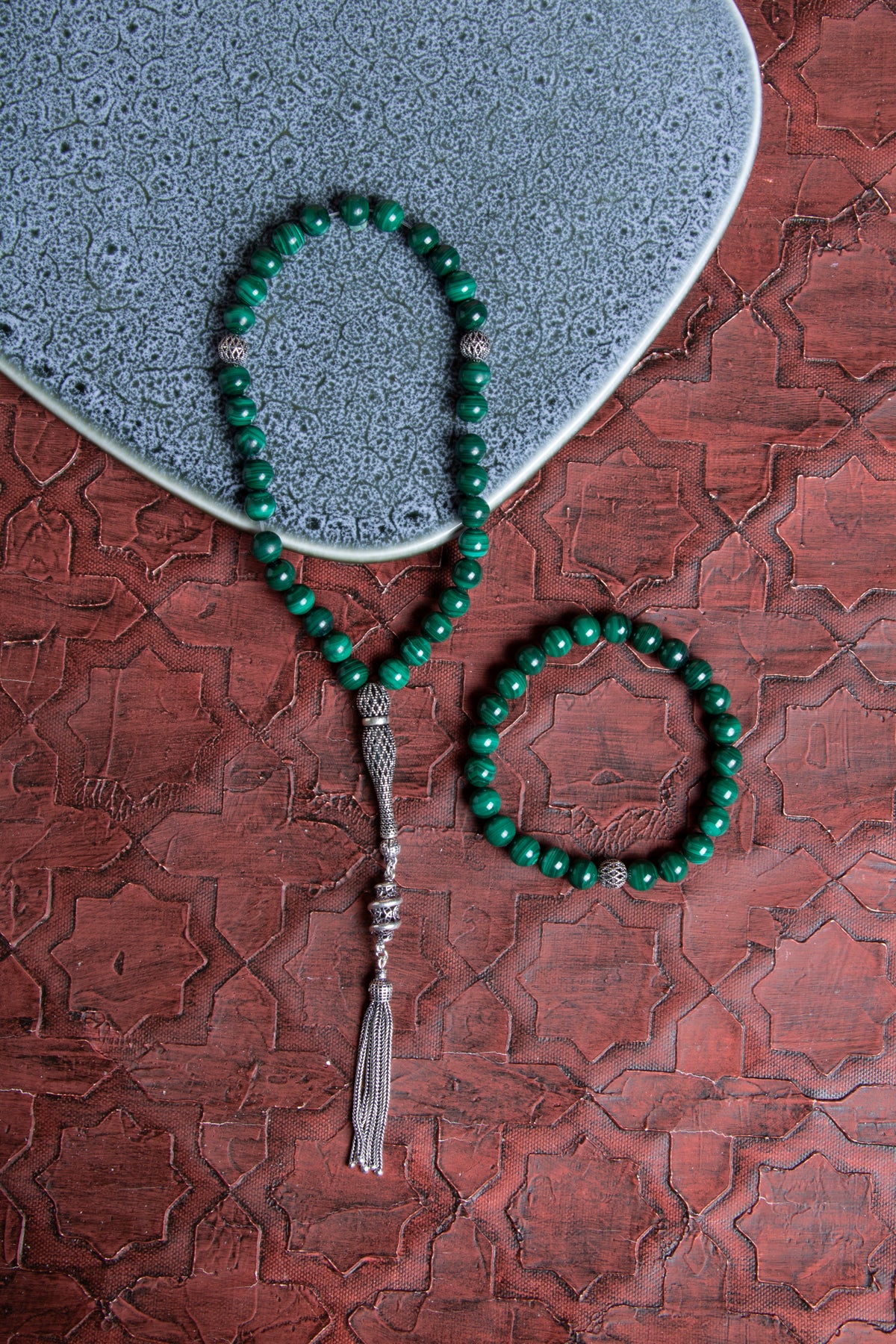 Sertifikalı Malahite 925 Ayar Gümüş 8 mm İmameli Tesbih &amp; Bileklik Seti