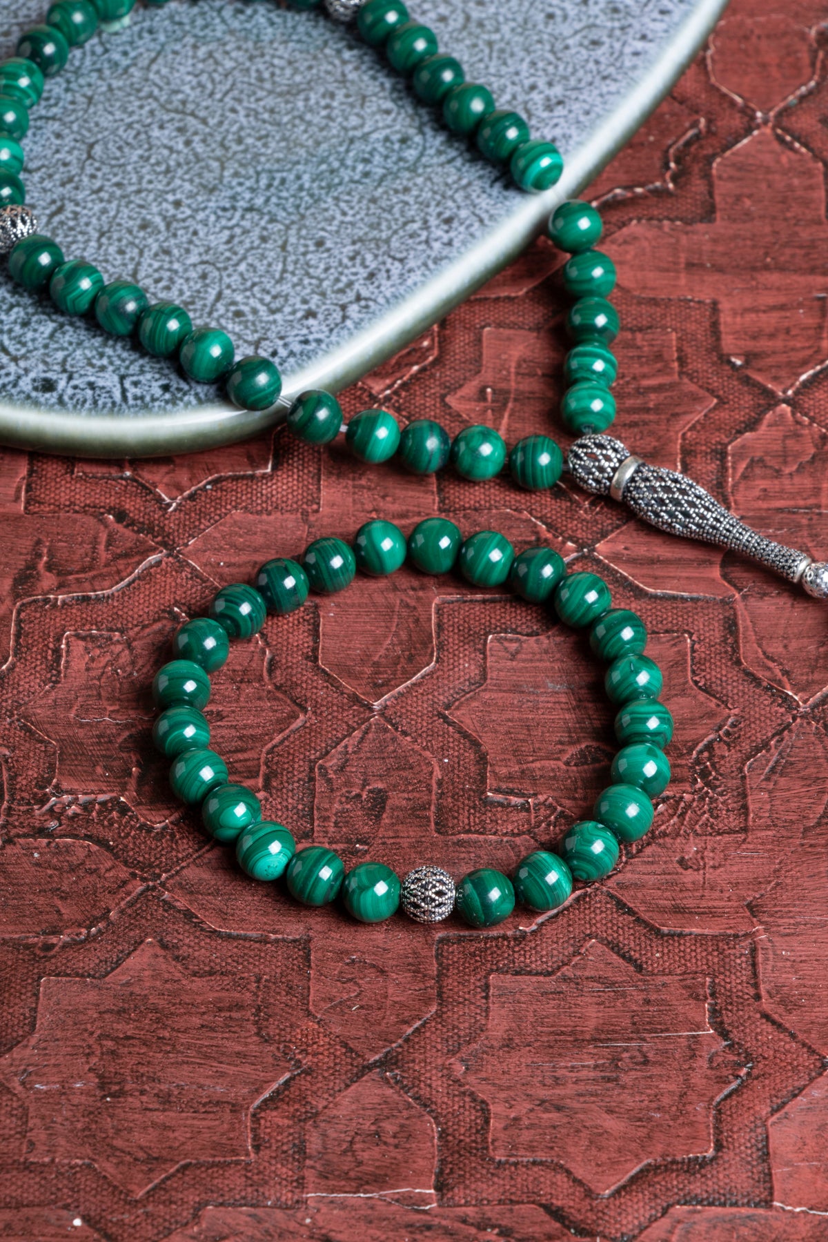 Sertifikalı Malahite 925 Ayar Gümüş 8 mm İmameli Tesbih &amp; Bileklik Seti