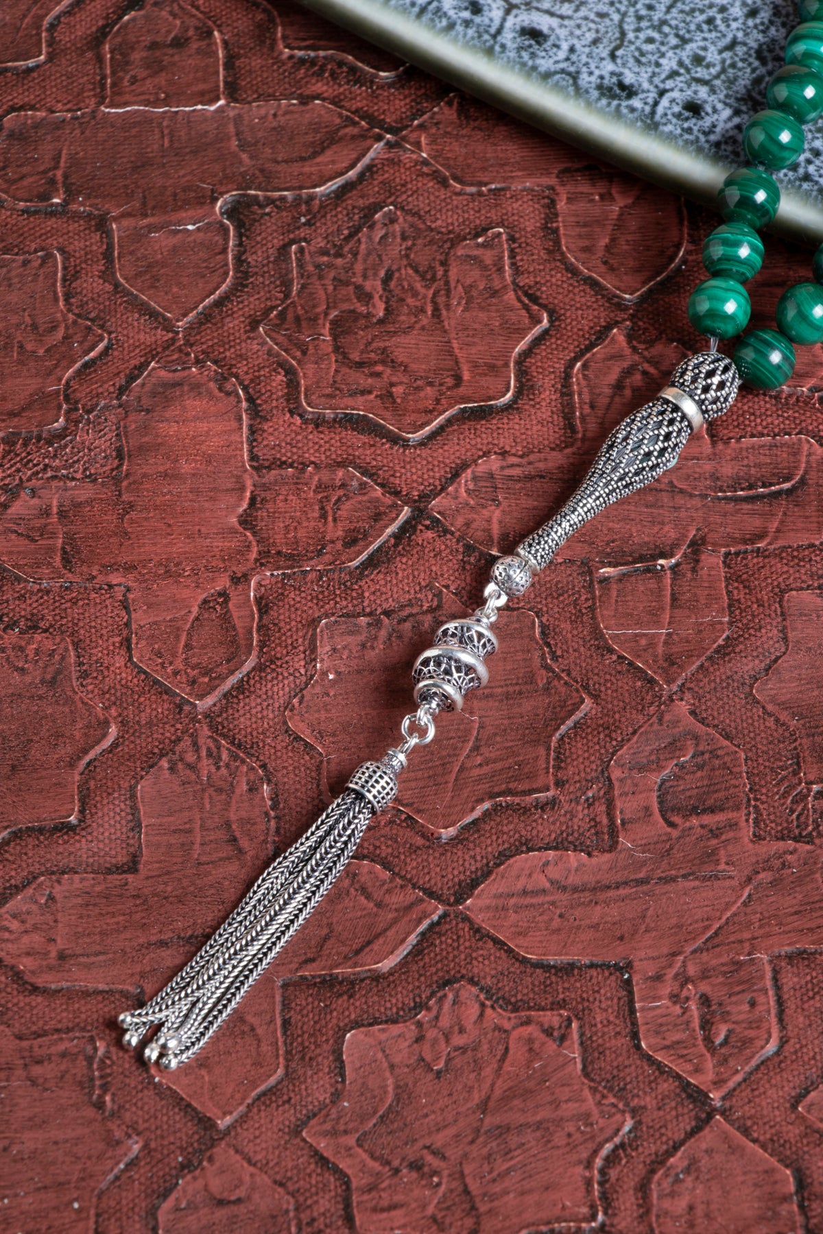 Sertifikalı Malahite 925 Ayar Gümüş 8 mm İmameli Tesbih &amp; Bileklik Seti