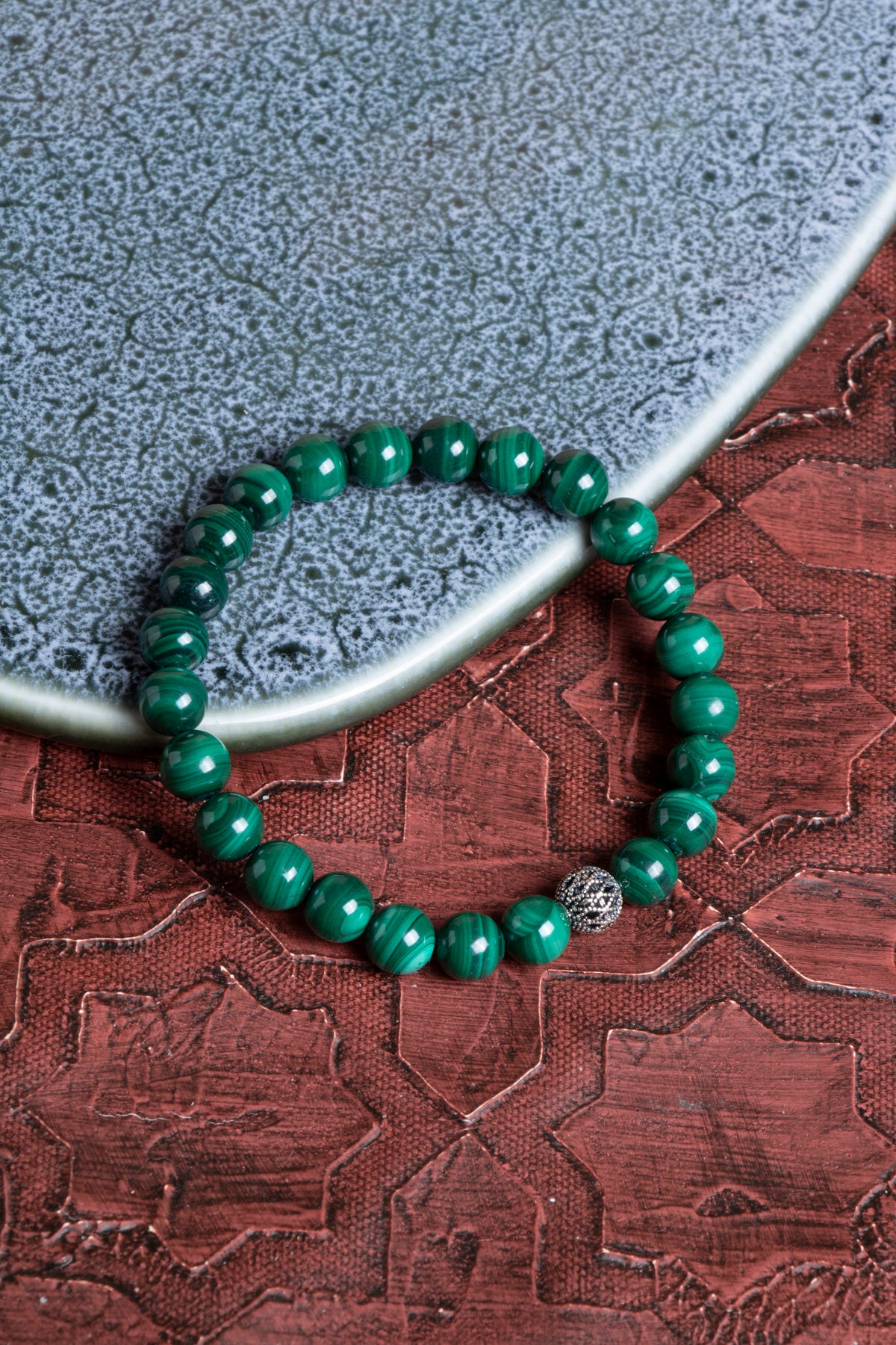 Sertifikalı Malahite 925 Ayar Gümüş 8 mm İmameli Tesbih &amp; Bileklik Seti