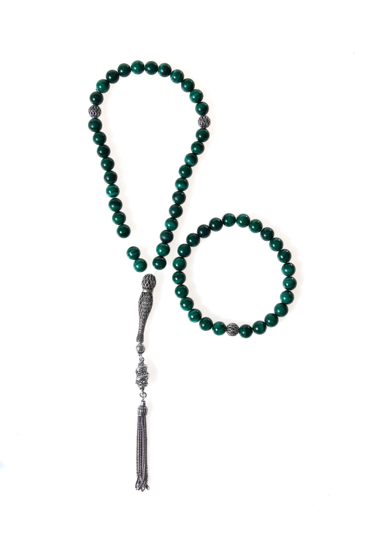 Sertifikalı Malahite 925 Ayar Gümüş 8 mm İmameli Tesbih &amp; Bileklik Seti