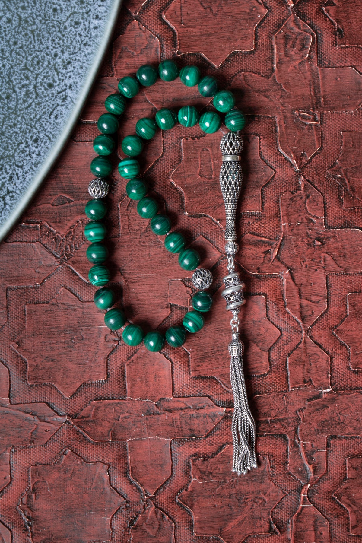 Sertifikalı 10 mm Malahite 925 Ayar Gümüş İmameli Püsküllü Tesbih