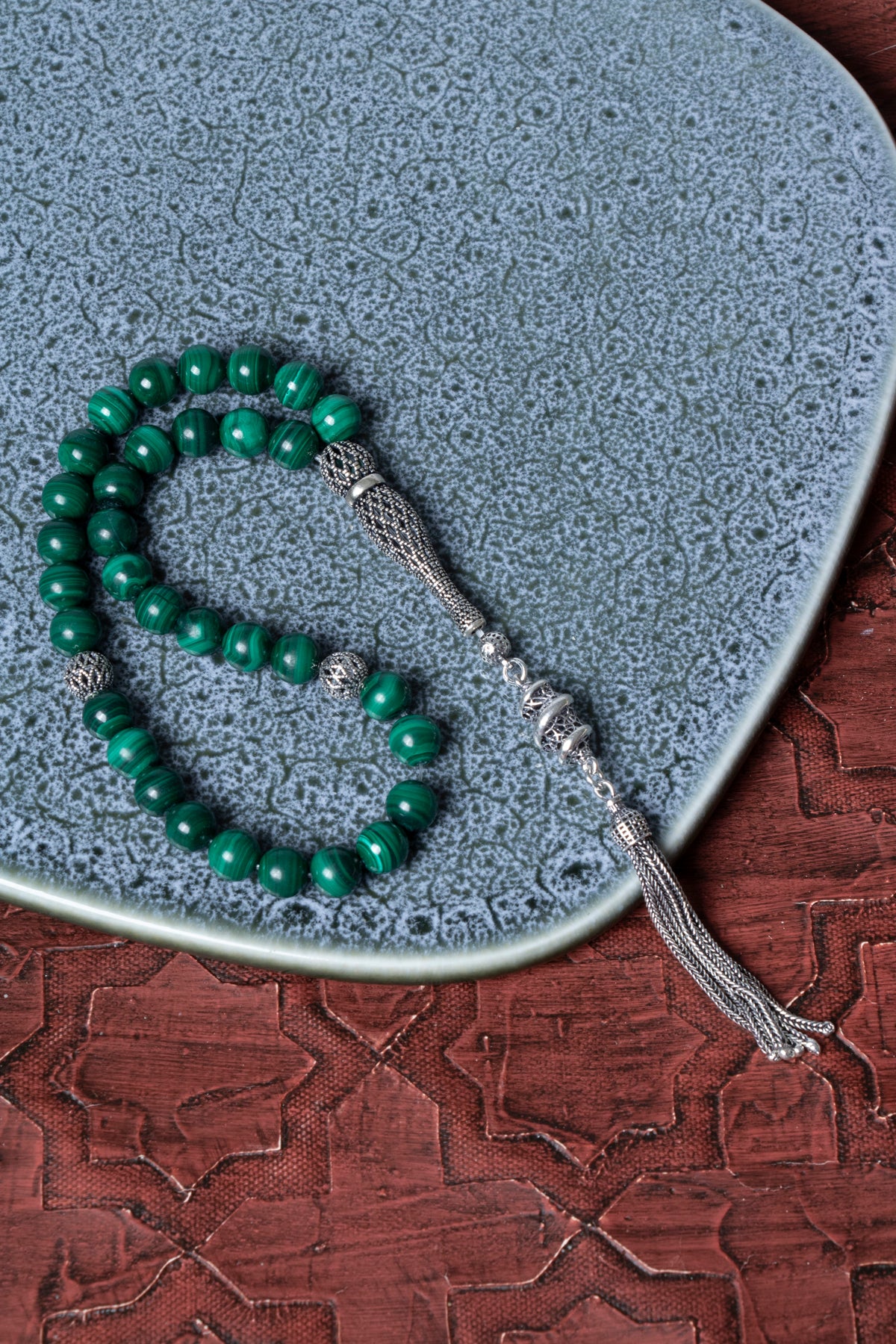 Sertifikalı 10 mm Malahite 925 Ayar Gümüş İmameli Püsküllü Tesbih