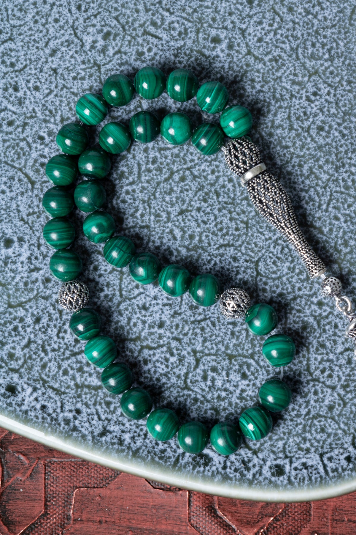 Sertifikalı 10 mm Malahite 925 Ayar Gümüş İmameli Püsküllü Tesbih