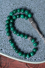 Sertifikalı 10 mm Malahite 925 Ayar Gümüş İmameli Püsküllü Tesbih