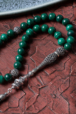 Sertifikalı 10 mm Malahite 925 Ayar Gümüş İmameli Püsküllü Tesbih