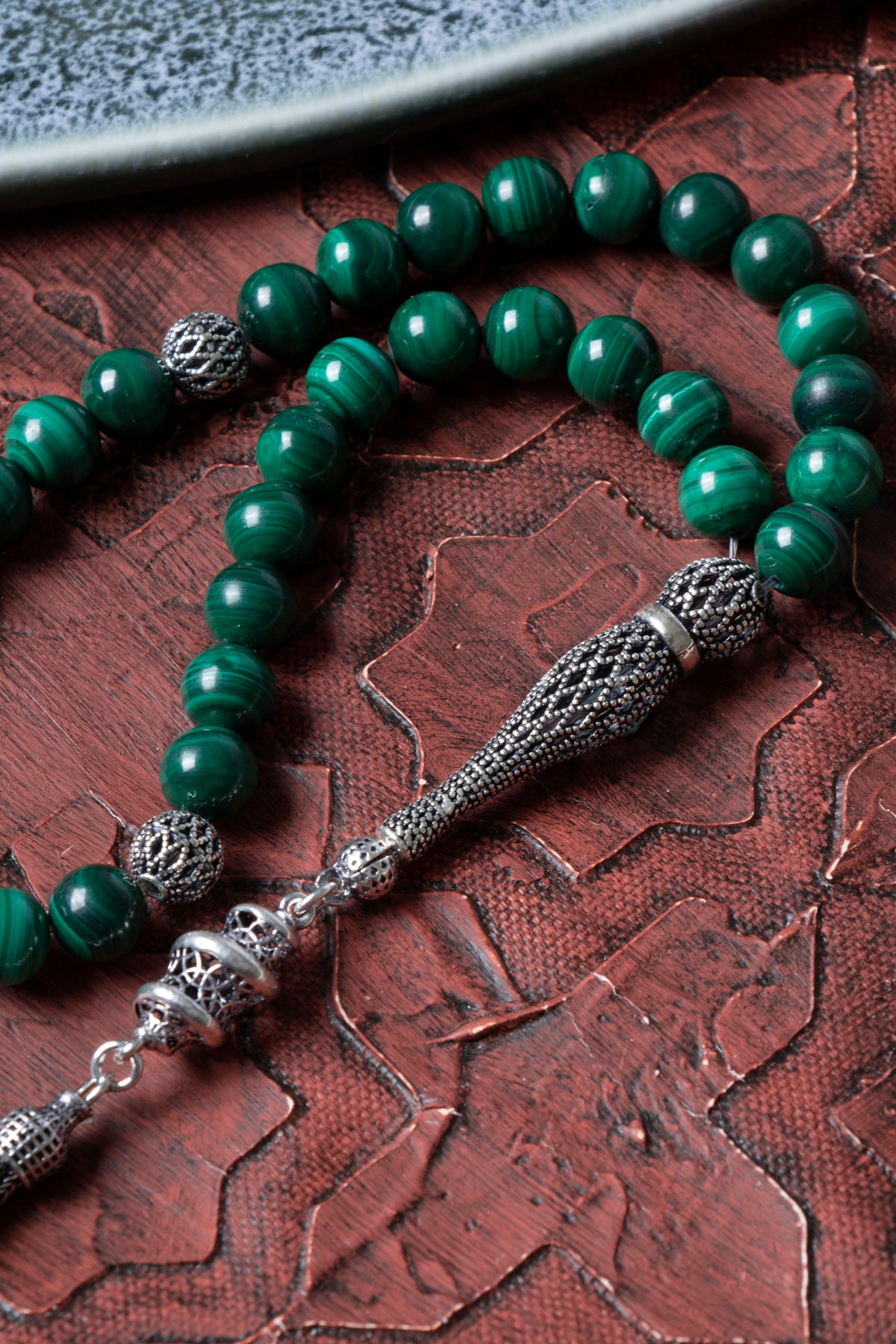 Sertifikalı 10 mm Malahite 925 Ayar Gümüş İmameli Püsküllü Tesbih