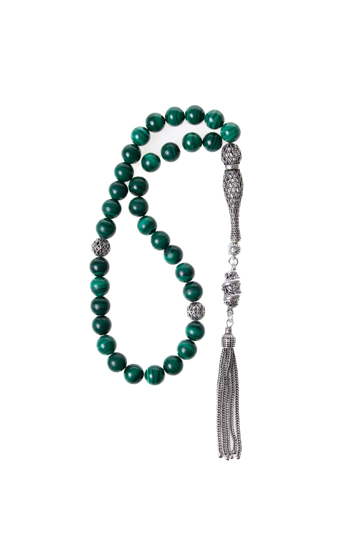 Sertifikalı 10 mm Malahite 925 Ayar Gümüş İmameli Püsküllü Tesbih