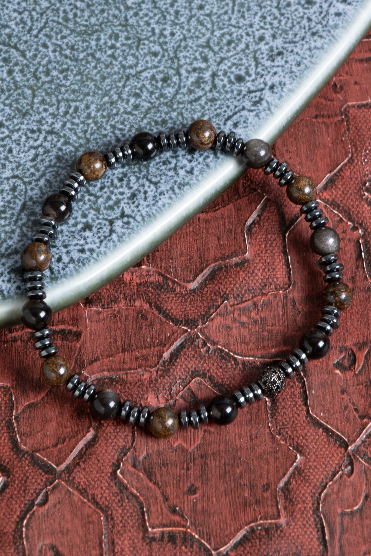 Sertifikalı Obsidyen &amp; Bronzit &amp; Hematit &amp; Zirkon Aparat Doğal Taş Bileklik