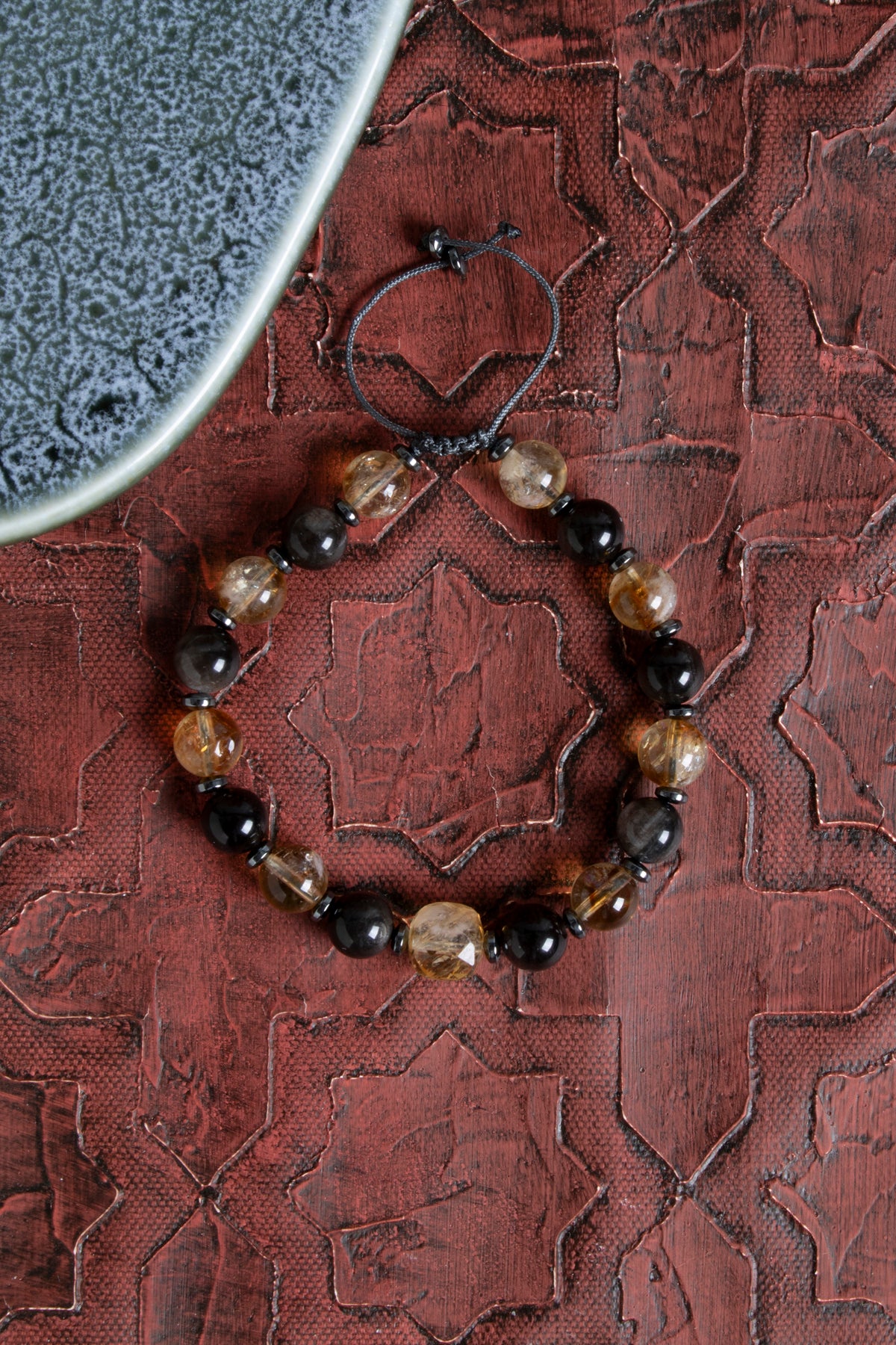 Sertifikalı Obsidyen &amp; Sitrin Doğal Taş Makrome Bileklik