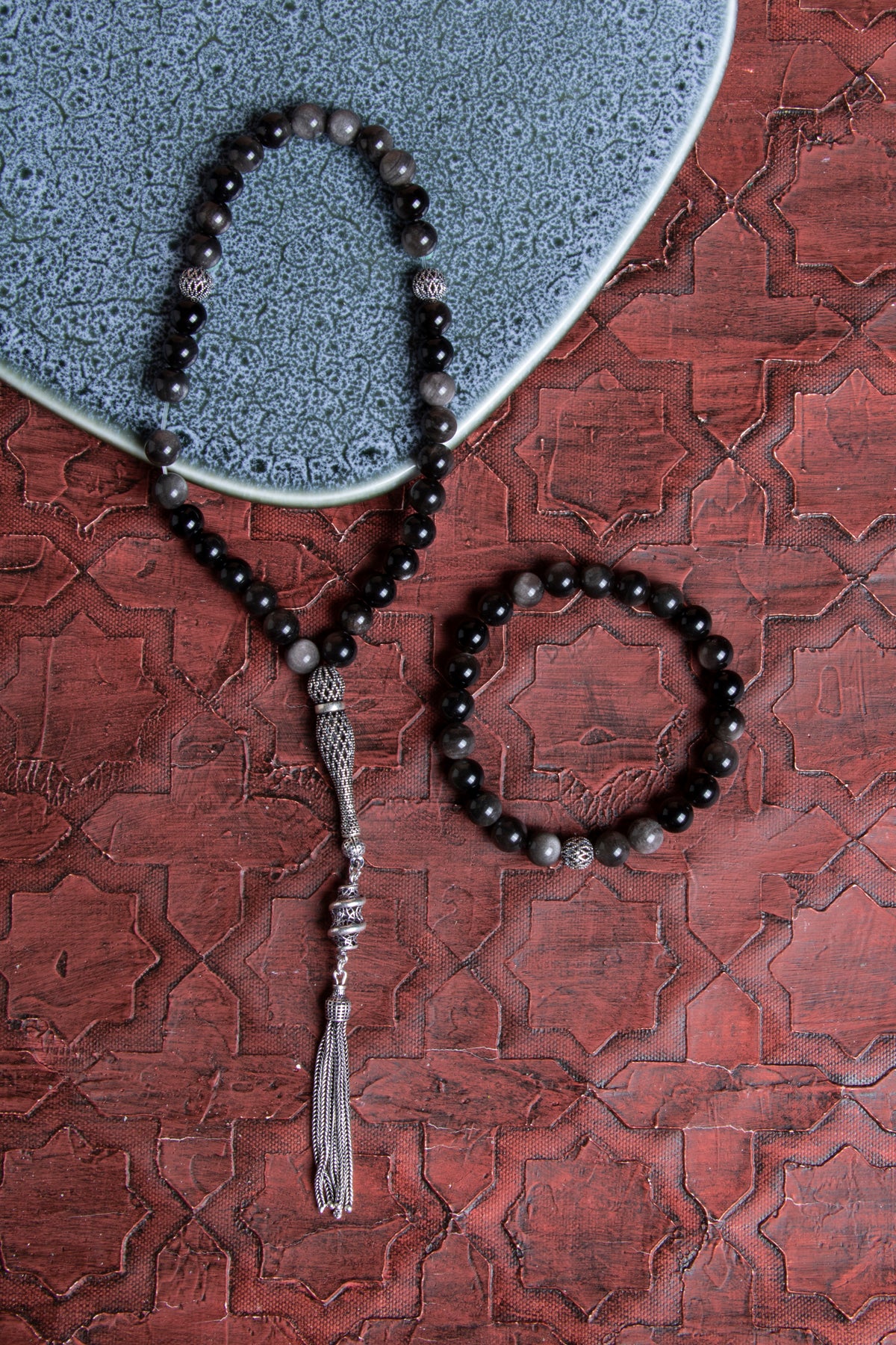 Sertifikalı Obsidyen 925 Ayar Gümüş 8 mm İmameli Tesbih &amp; Bileklik Seti