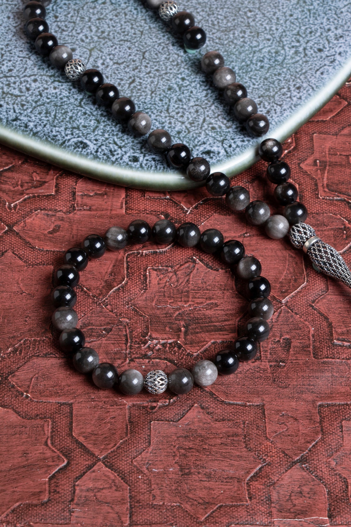 Sertifikalı Obsidyen 925 Ayar Gümüş 8 mm İmameli Tesbih &amp; Bileklik Seti