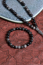 Sertifikalı Obsidyen 925 Ayar Gümüş 8 mm İmameli Tesbih &amp; Bileklik Seti