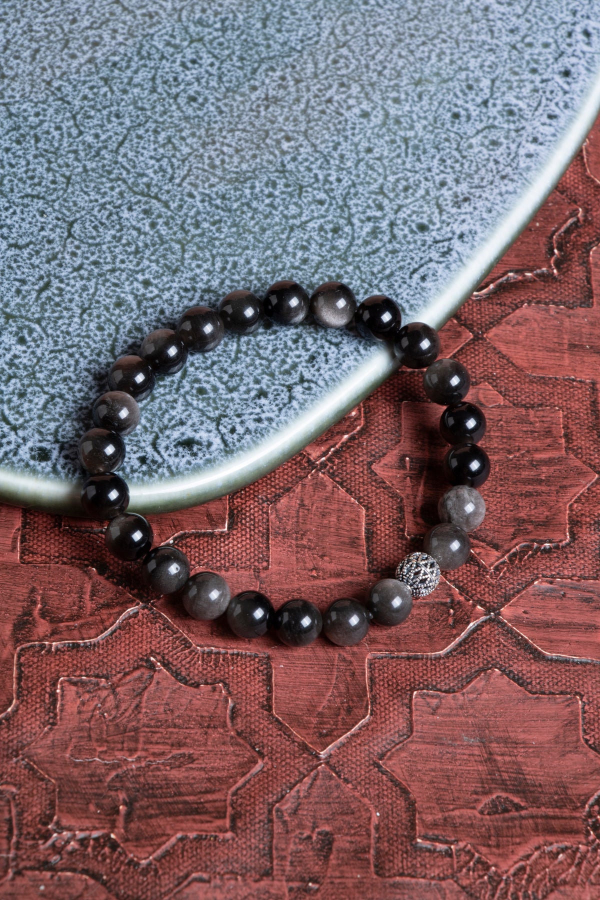 Sertifikalı Obsidyen 925 Ayar Gümüş 8 mm İmameli Tesbih &amp; Bileklik Seti