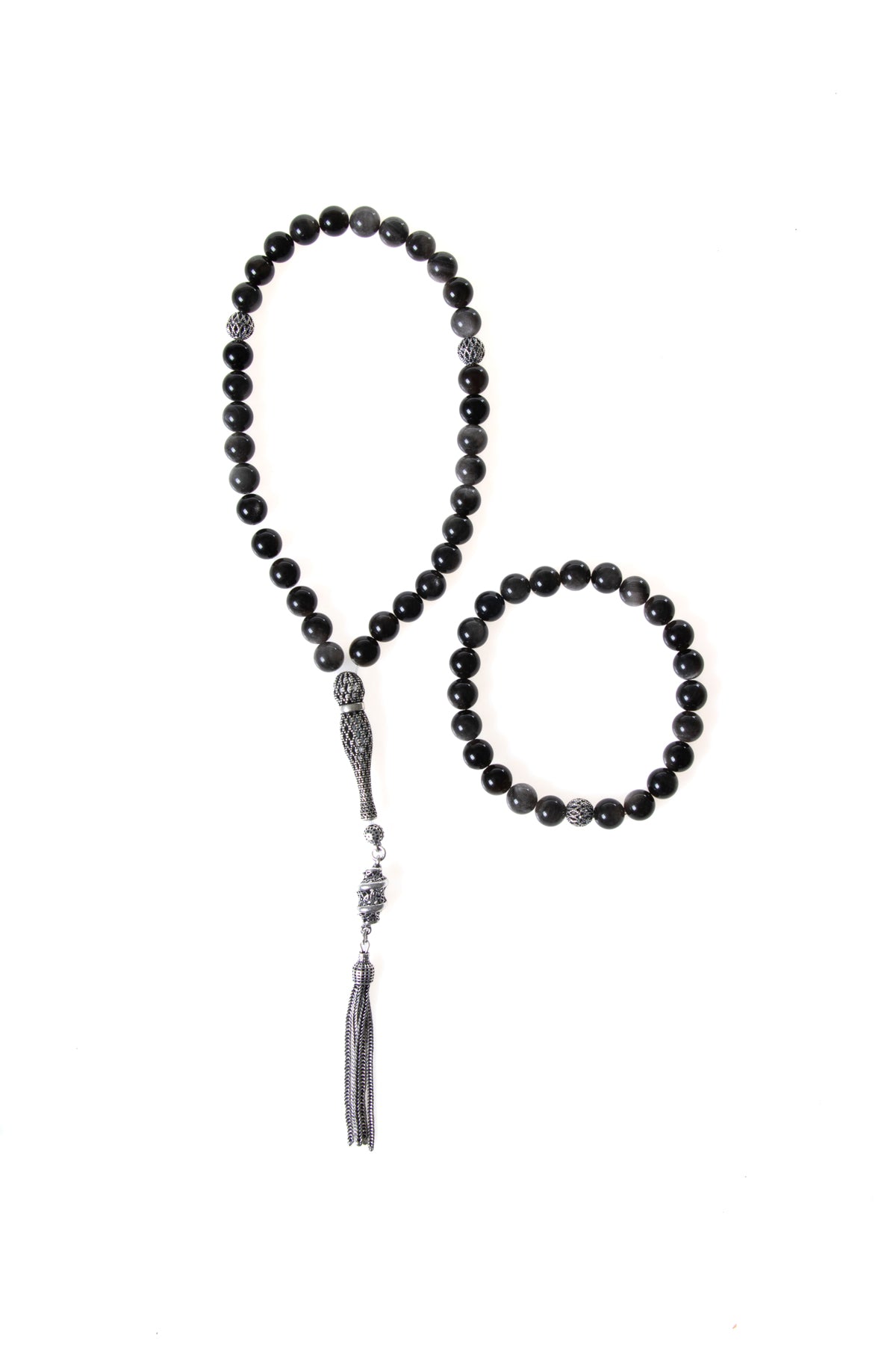 Sertifikalı Obsidyen 925 Ayar Gümüş 8 mm İmameli Tesbih &amp; Bileklik Seti