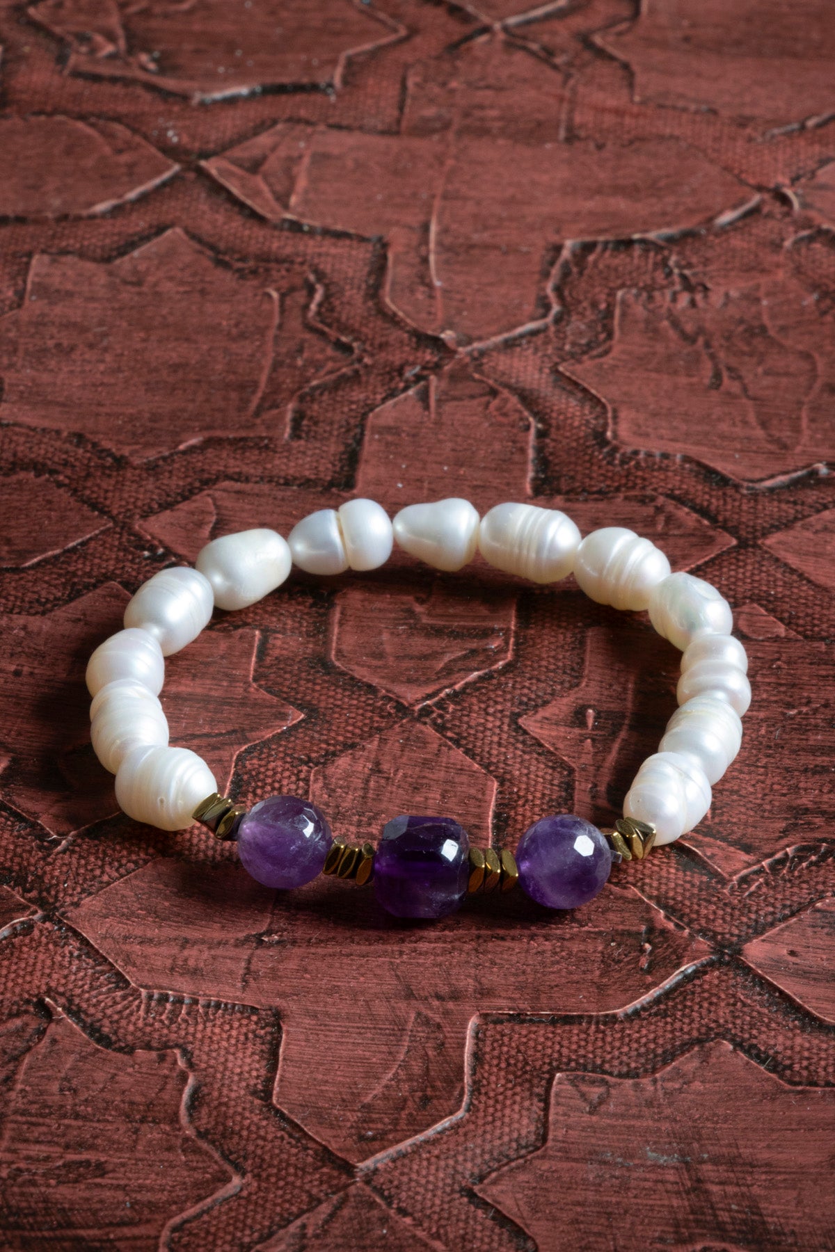 Sertifikalı Orijinal Doğal İnci, Ametist ve Hematit Taşı Bileklik