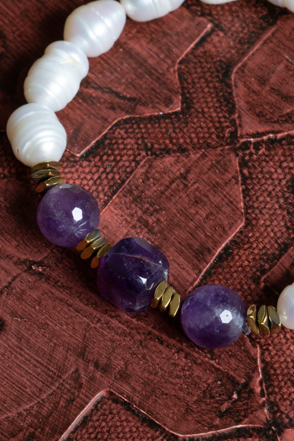 Sertifikalı Orijinal Doğal İnci, Ametist ve Hematit Taşı Bileklik