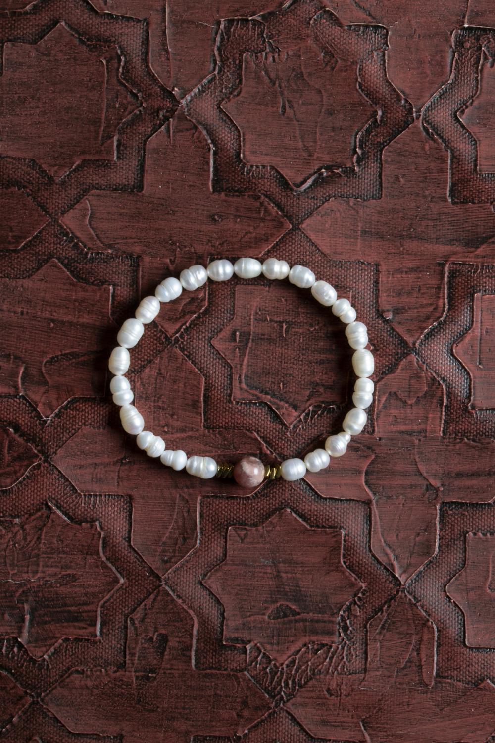 Sertifikalı Orijinal Doğal Tatlısu İnci ve Rodokrozit Taşı Bileklik