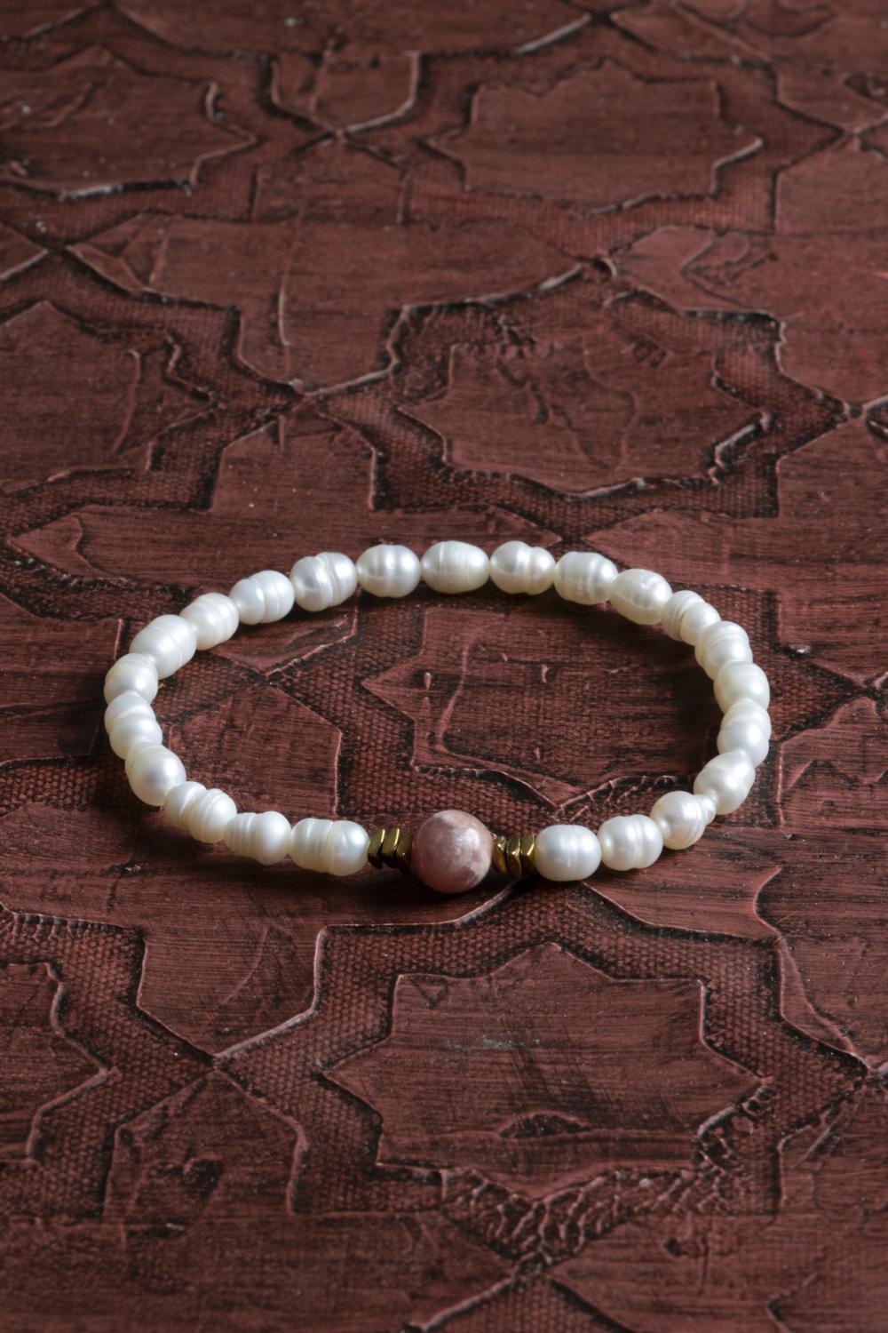 Sertifikalı Orijinal Doğal Tatlısu İnci ve Rodokrozit Taşı Bileklik