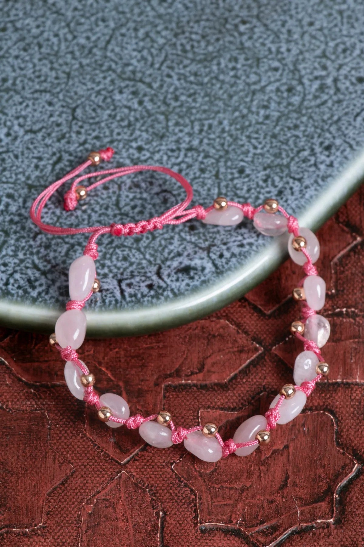 Sertifikalı Pembe Kuvars &amp; Hematit Doğal Taş Makrome Bileklik