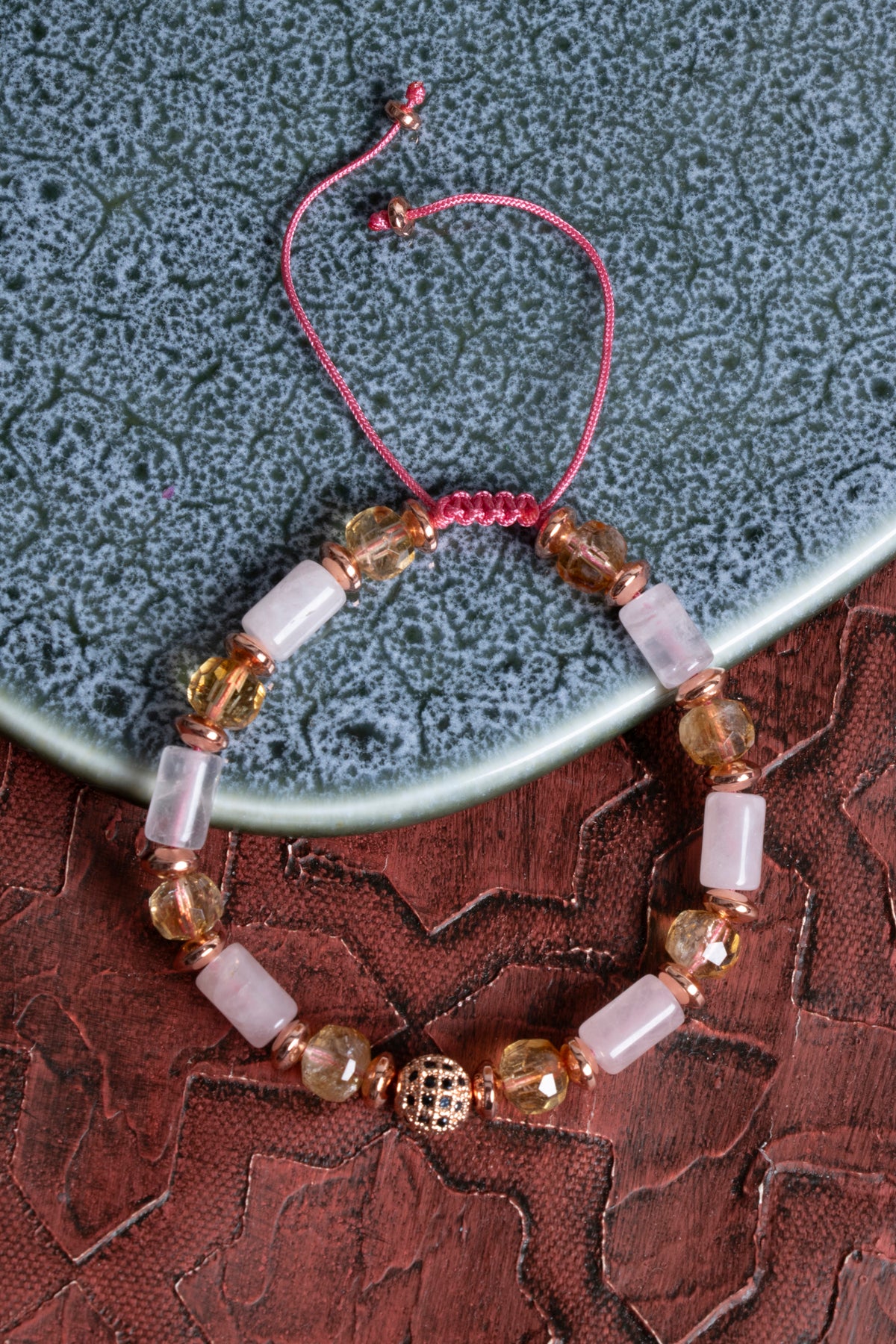 Sertifikalı Pembe Kuvars &amp; Sitrin &amp; Fasetli Hematit Doğal Taş Makrome Bileklik