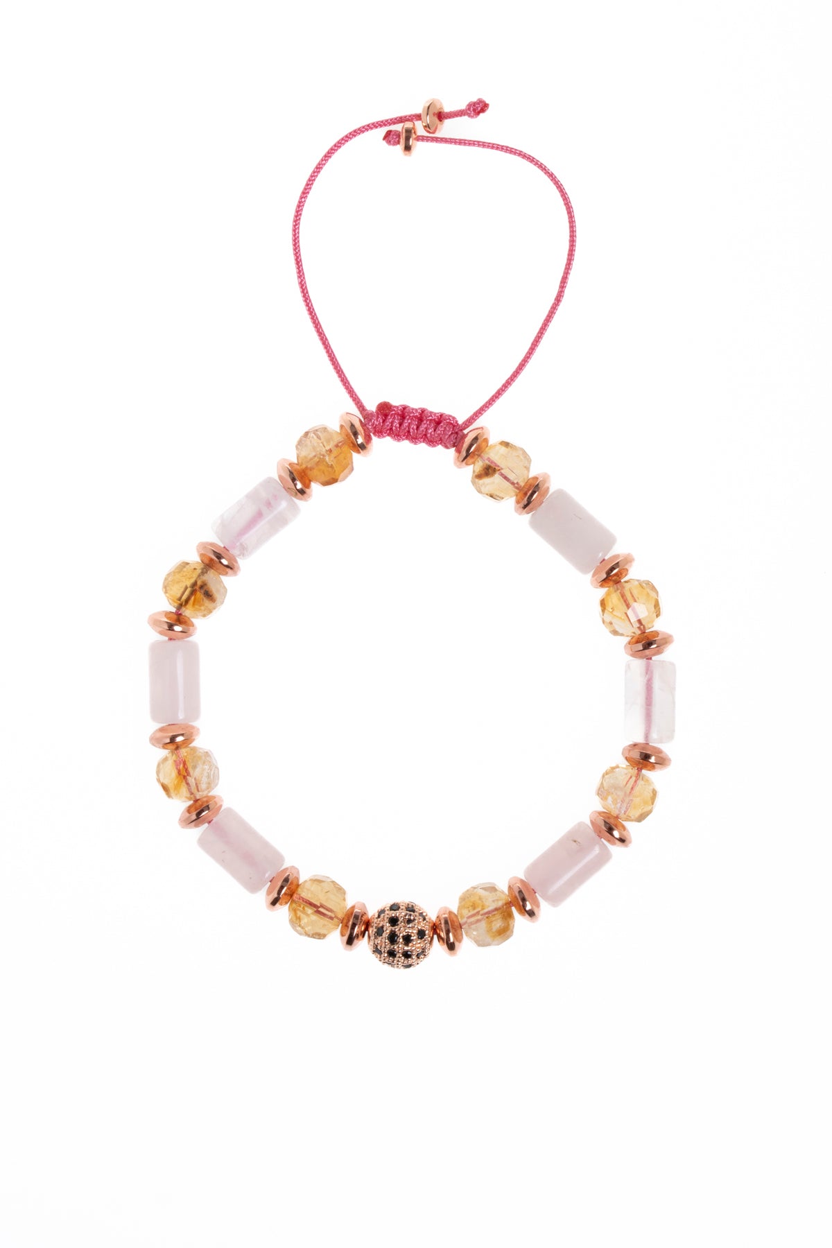 Sertifikalı Pembe Kuvars &amp; Sitrin &amp; Fasetli Hematit Doğal Taş Makrome Bileklik