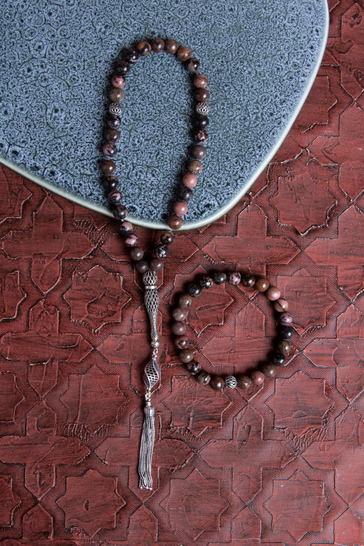 Sertifikalı Rodonit 925 Ayar Gümüş 8 mm İmameli Tesbih &amp; Bileklik Seti