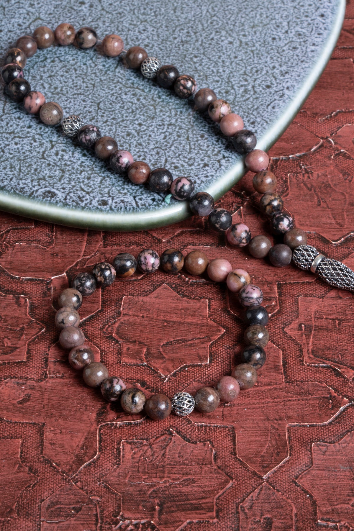 Sertifikalı Rodonit 925 Ayar Gümüş 8 mm İmameli Tesbih &amp; Bileklik Seti