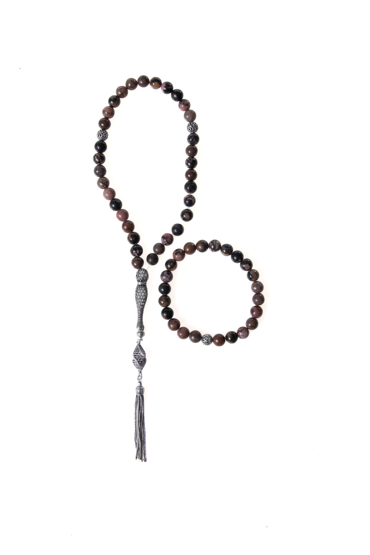 Sertifikalı Rodonit 925 Ayar Gümüş 8 mm İmameli Tesbih &amp; Bileklik Seti