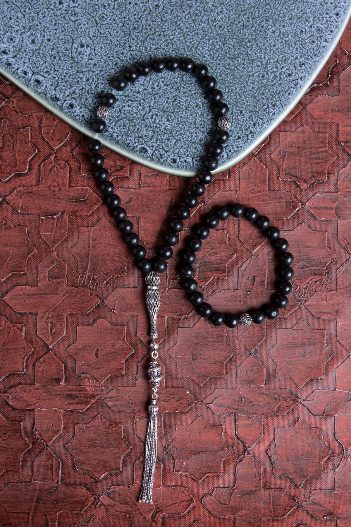 Sertifikalı Shungite 925 Ayar Gümüş 8 mm İmameli Tesbih &amp; Bileklik Seti