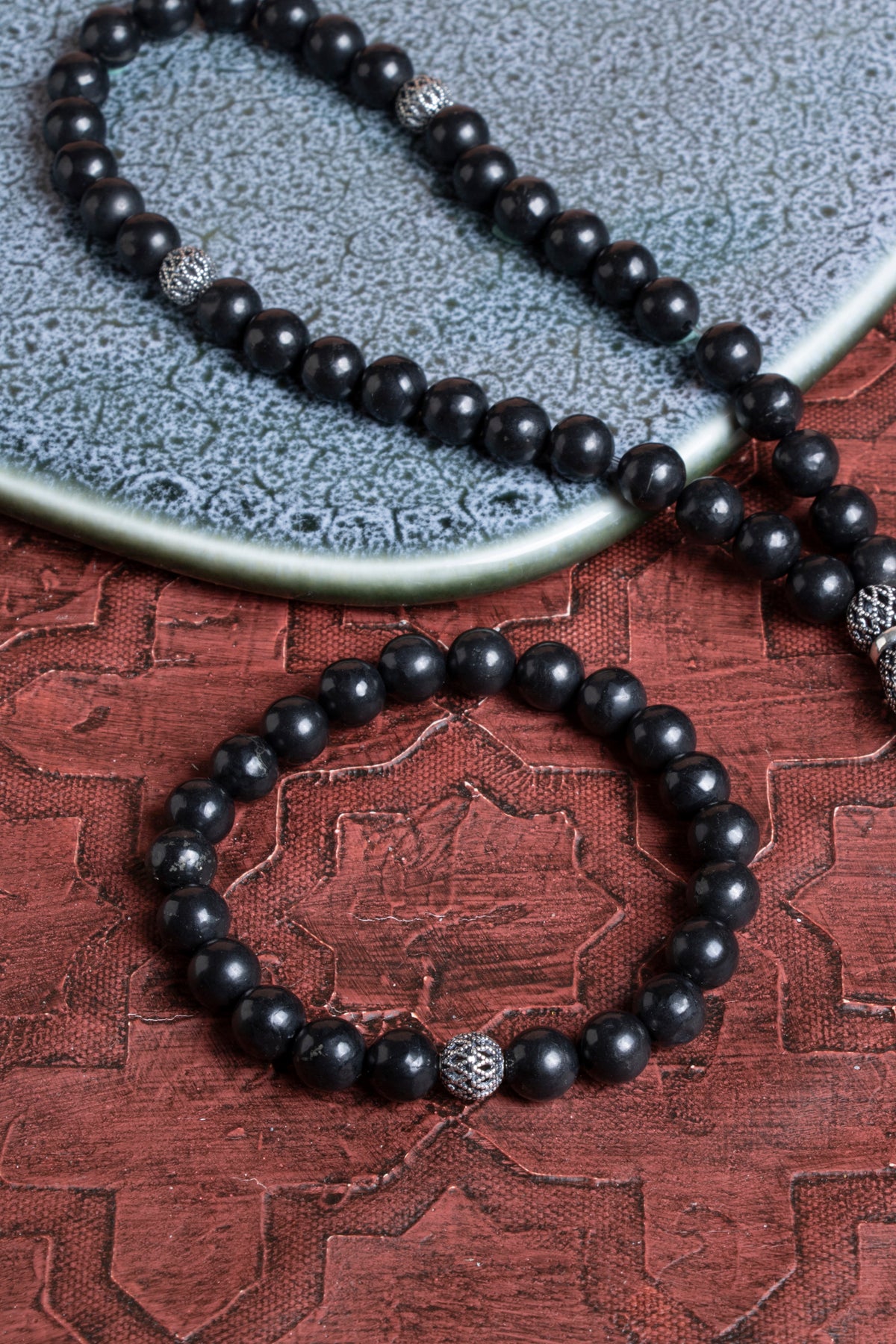 Sertifikalı Shungite 925 Ayar Gümüş 8 mm İmameli Tesbih &amp; Bileklik Seti