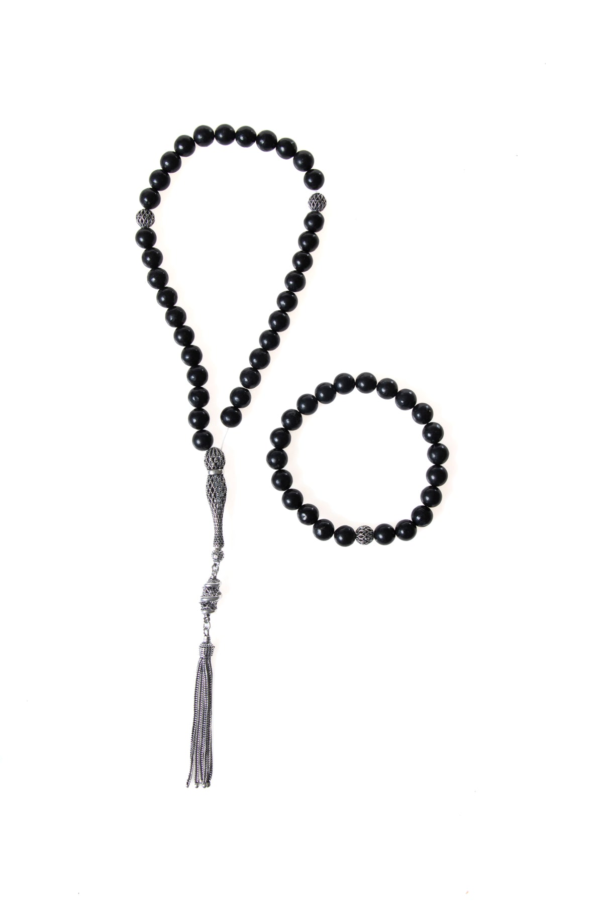 Sertifikalı Shungite 925 Ayar Gümüş 8 mm İmameli Tesbih &amp; Bileklik Seti