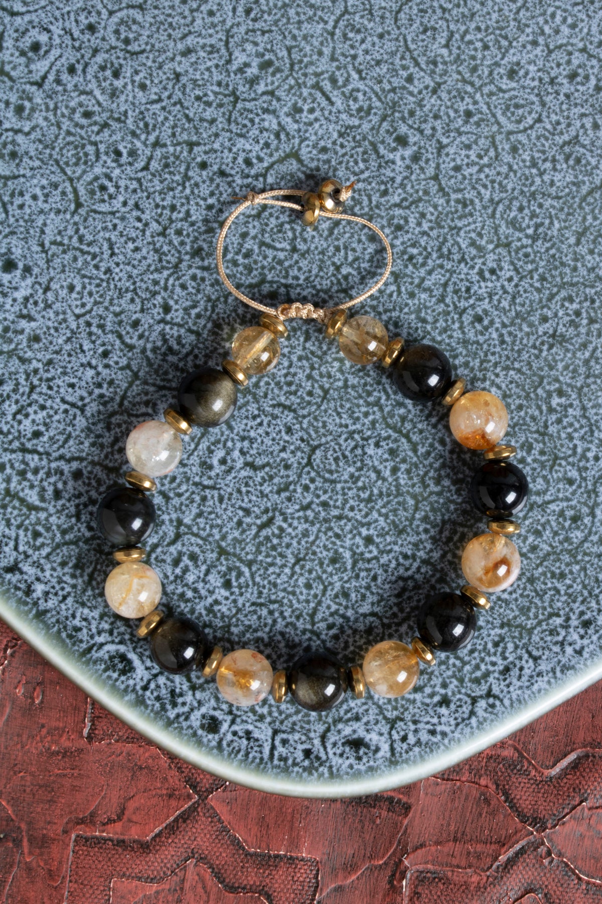 Sertifikalı Sitrin &amp; Hematit &amp; Zirkon Aparat Doğal Taş Makrome Bileklik