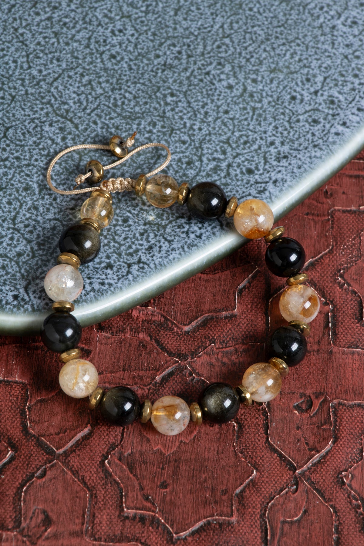 Sertifikalı Sitrin &amp; Hematit &amp; Zirkon Aparat Doğal Taş Makrome Bileklik